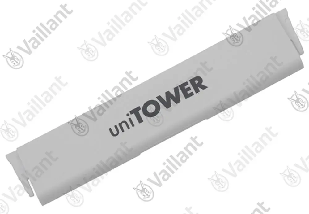 Vaillant Firmenschild in grauer Farbe mit schwarzem Schriftzug "uniTOWER". Das Schild hat eine rechteckige Form mit abgeschrägten Kanten.